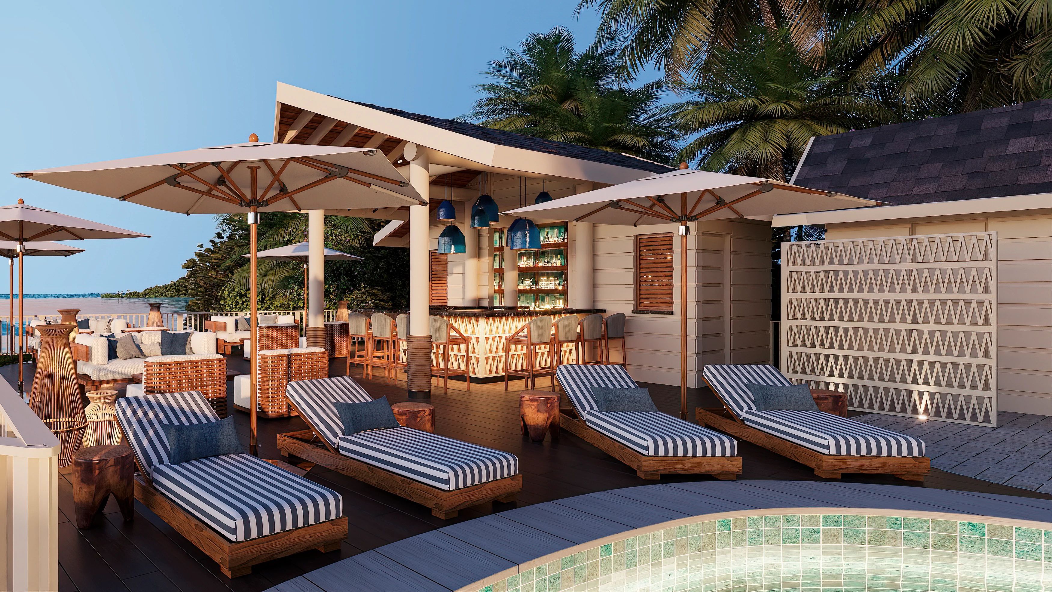 Group of hotel chairs next to a hot tub