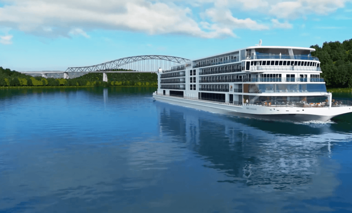 White viking river ship cruising down the river