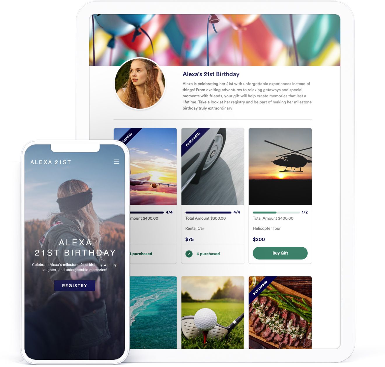 A phone and tablet displaying a birthday registry page with gift contribution options and celebration imagery.