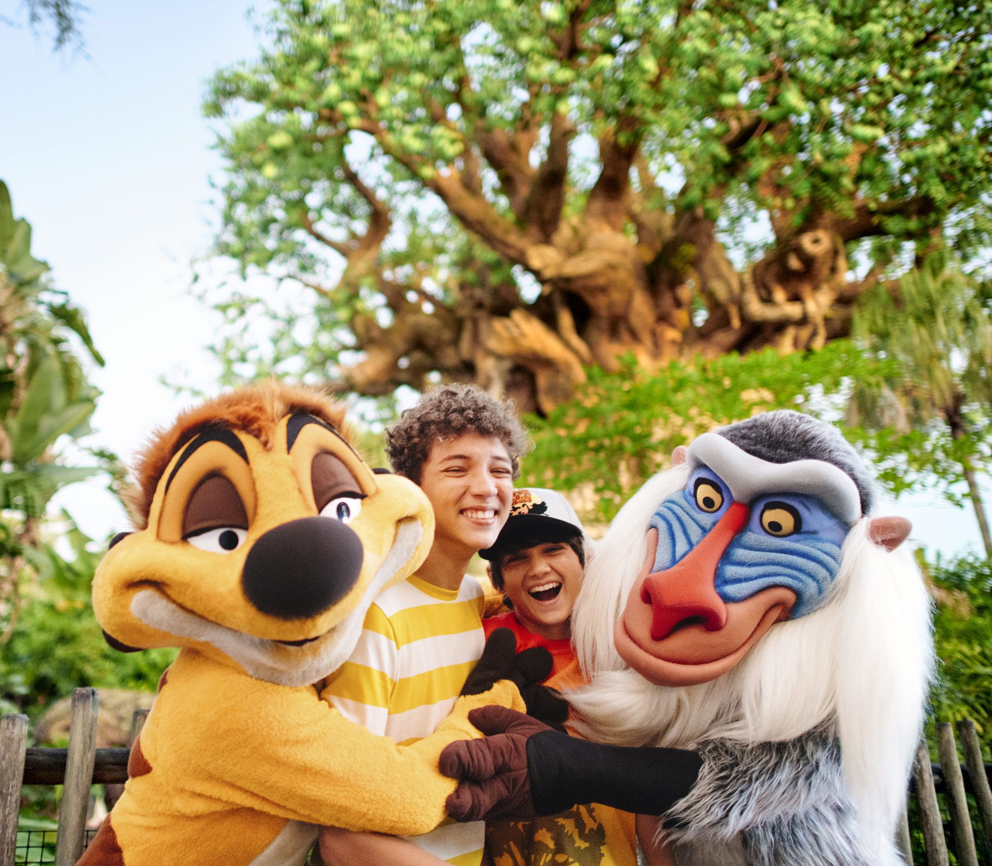 Guests hugging Timon and Rafiki at Disney’s Animal Kingdom