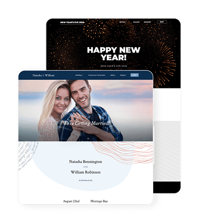 Examples of personalized celebration webpages for a wedding and a New Year’s Eve event.