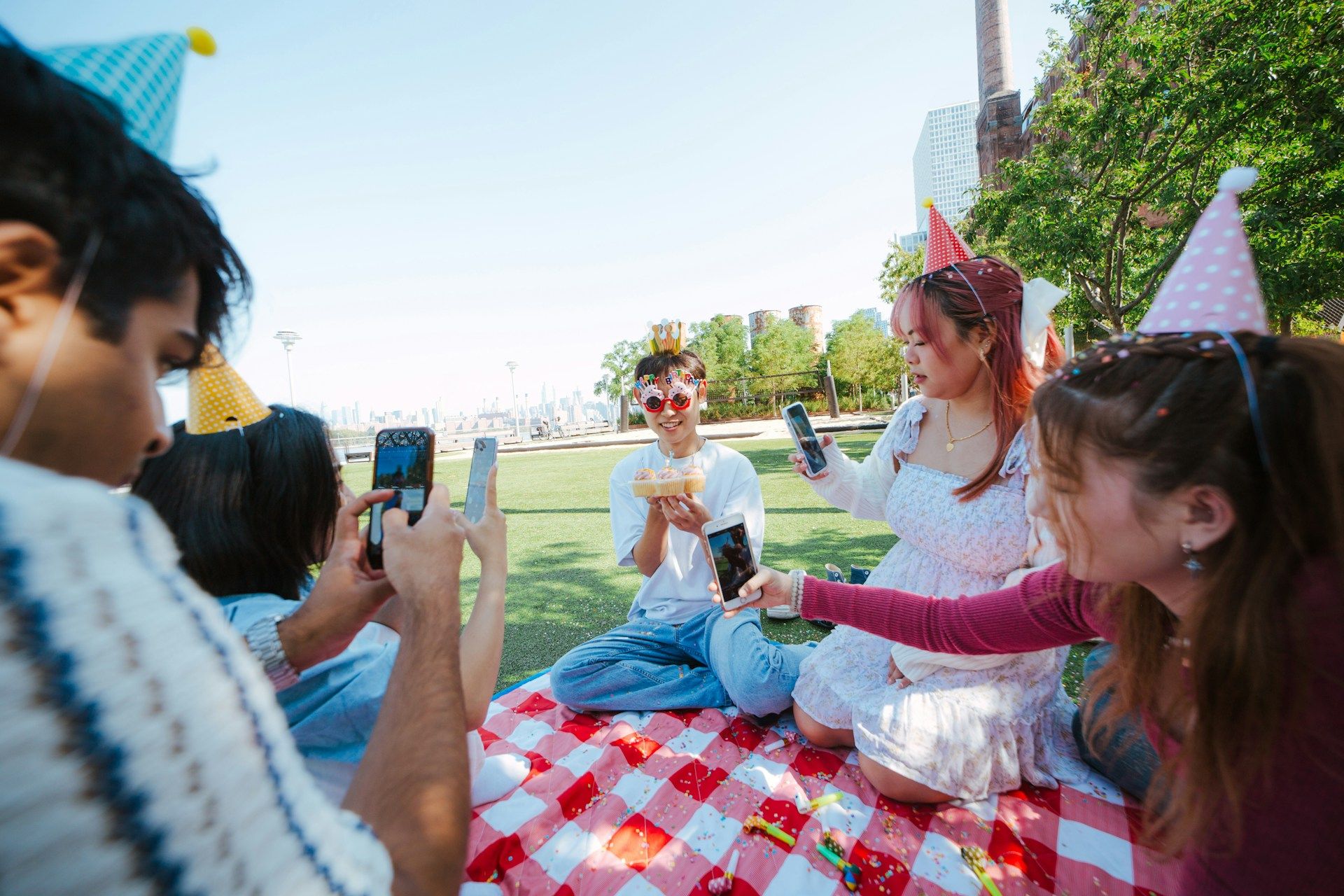 A birthday party picnic in the city